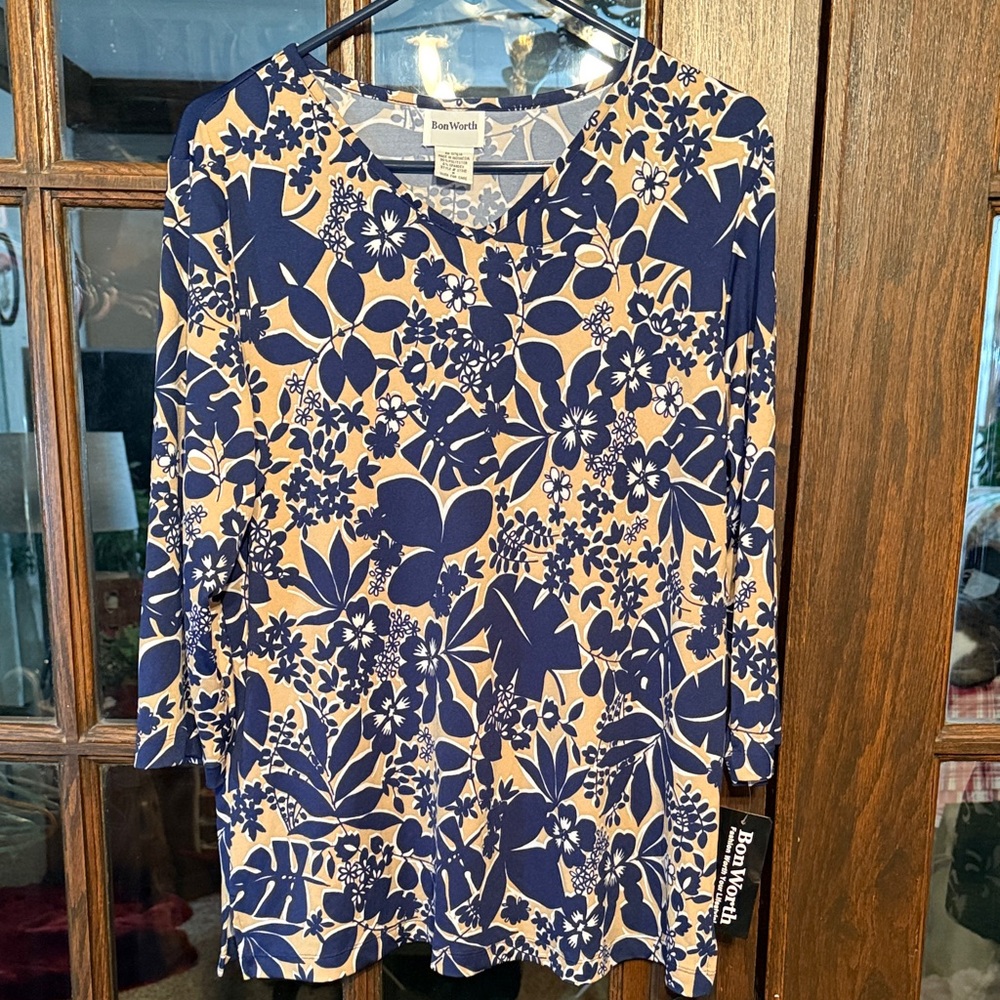 BonWorth Womens Navy Tan Floral 3/4 Sleeve V-Neck Top NWT 37312 Size M